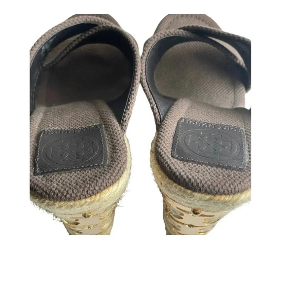 Tory Burch Chocolate Brown Crossover Kristen Espadrille Wedges/Gold Emblem sz 7 - Picture 5 of 8